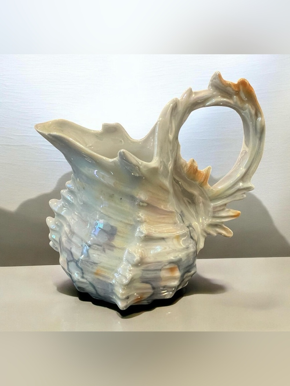 Vintage 1900 Royal Bayreuth Bavaria iridescent ceramic shell pitcher.